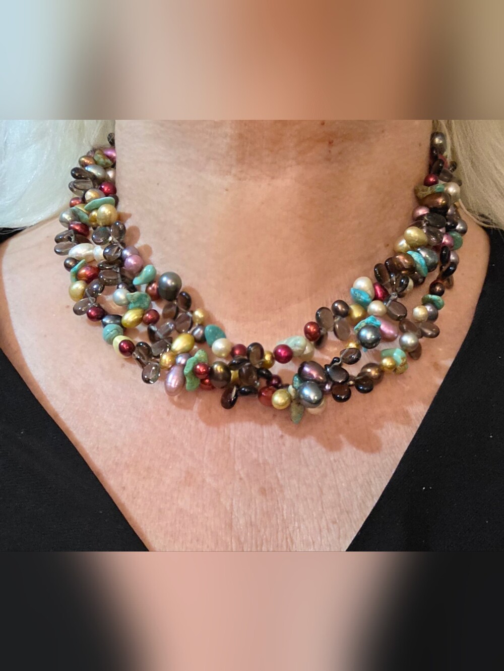925 GENUINE PEARL & GEMSTONE DESERT ROSE TRADING NECKLACE ADJUSTABLE UP TO 22 IN